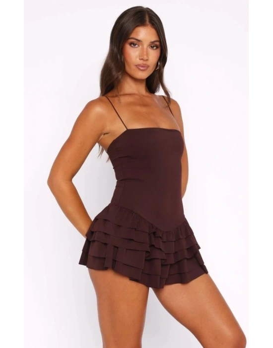 Kadın Omuz Askılı Sırt Dekolteli Sandy Kumaş Volan Detay Mini Elbise