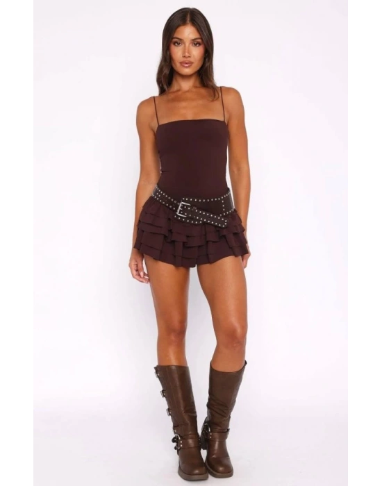 Kadın Omuz Askılı Sırt Dekolteli Sandy Kumaş Volan Detay Mini Elbise