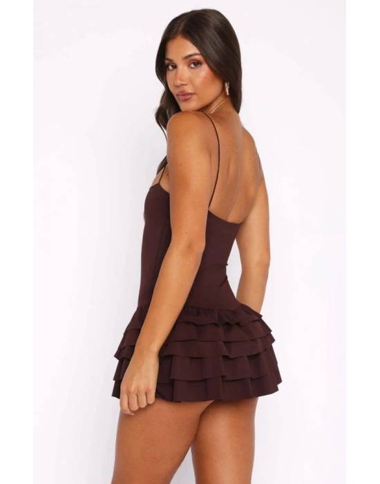 Kadın Omuz Askılı Sırt Dekolteli Sandy Kumaş Volan Detay Mini Elbise