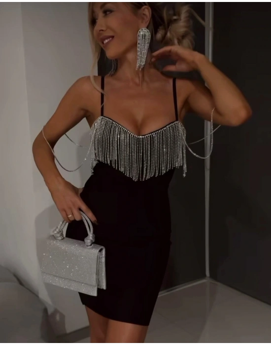 Kadın Omuz Askılı Taş Detay Mini Elbise