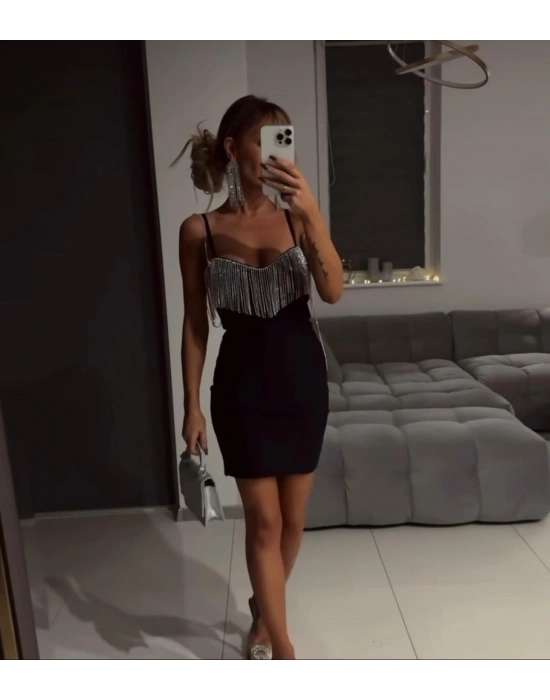 Kadın Omuz Askılı Taş Detay Mini Elbise