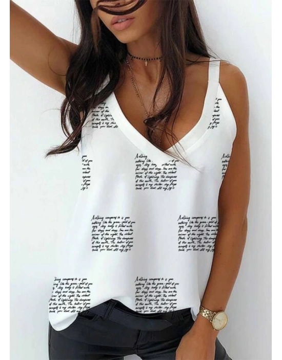 Kadın Omuz Askılı V Yaka Dijital Baskı Detay Mikro Kumaş Bluz