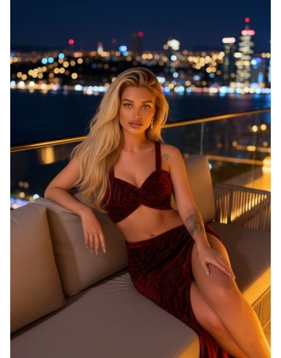 Kadın Omuz Askılı Zebra Desen Simli Kumaş Büstiyer Ve Derin Yırtmaç Dekolteli Etek Ikili Takım