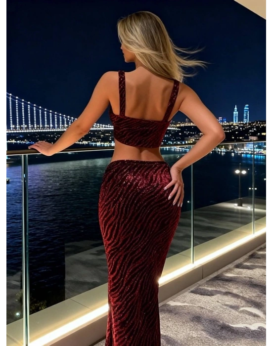 Kadın Omuz Askılı Zebra Desen Simli Kumaş Büstiyer Ve Derin Yırtmaç Dekolteli Etek Ikili Takım