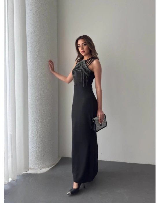 Kadın Omuz çoklu Askılı önü Taş Işlemeli Balık Kesim Janjan Krep Maxi Boy Elbise