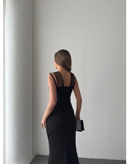 Kadın Omuz çoklu Askılı önü Taş Işlemeli Balık Kesim Janjan Krep Maxi Boy Elbise