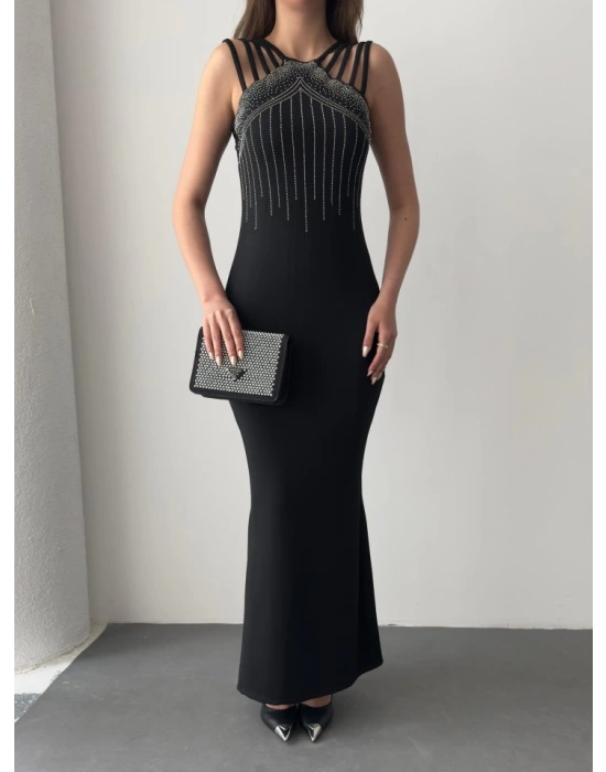 Kadın Omuz çoklu Askılı önü Taş Işlemeli Balık Kesim Janjan Krep Maxi Boy Elbise