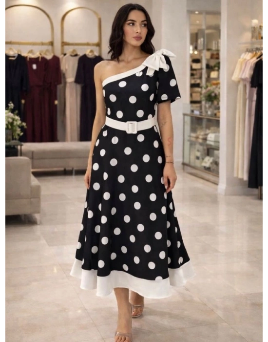 Kadın Omuz Dekolteli Fiyonk Ve Puantiye Detay Maxi Boy Elbise
