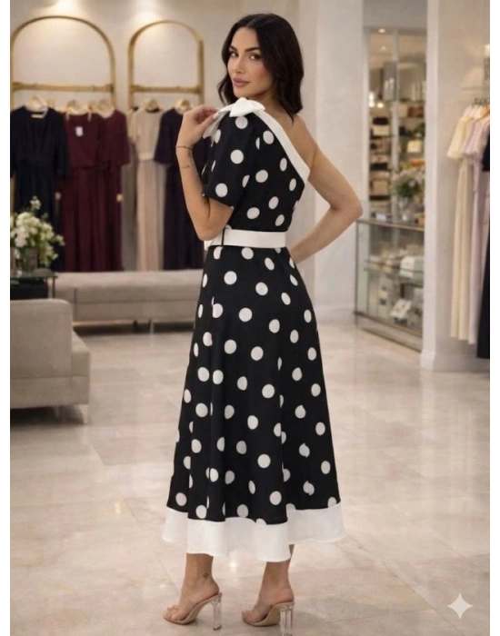 Kadın Omuz Dekolteli Fiyonk Ve Puantiye Detay Maxi Boy Elbise