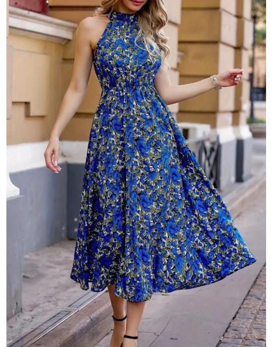 Kadın Omuz Dekolteli Halter Yaka Desenli Maxi Süprem Elbise