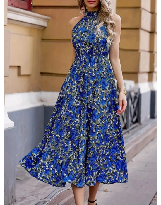 Kadın Omuz Dekolteli Halter Yaka Desenli Maxi Süprem Elbise