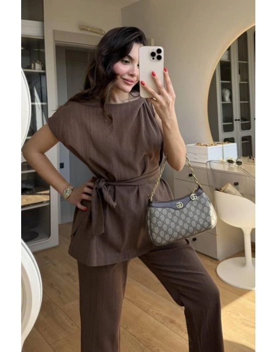 Kadın Omuz Detay Kuşak Dahil Bluz Ve Pantolon Keten Kumaş Ikili Takım