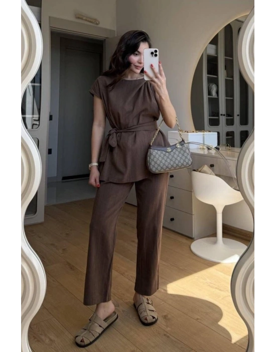 Kadın Omuz Detay Kuşak Dahil Bluz Ve Pantolon Keten Kumaş Ikili Takım