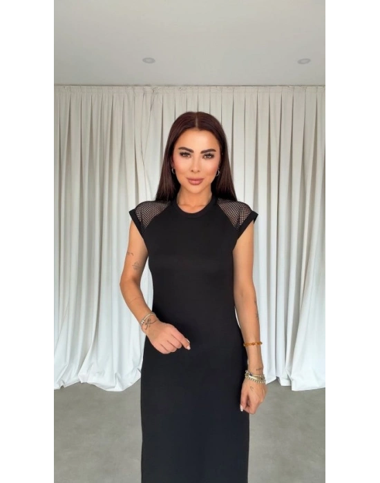 Kadın Omuz File Detay Iki Yandan Yırtmaç Detay Yanları Yırtmaçlı Midi Boy Elbise