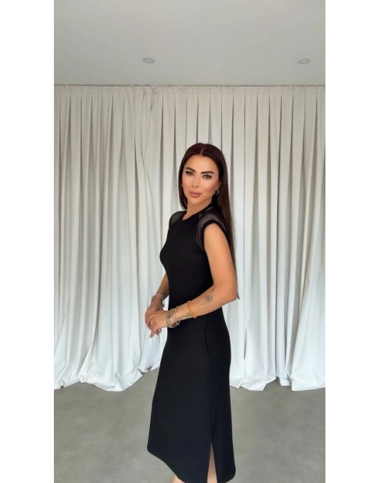 Kadın Omuz File Detay Iki Yandan Yırtmaç Detay Yanları Yırtmaçlı Midi Boy Elbise