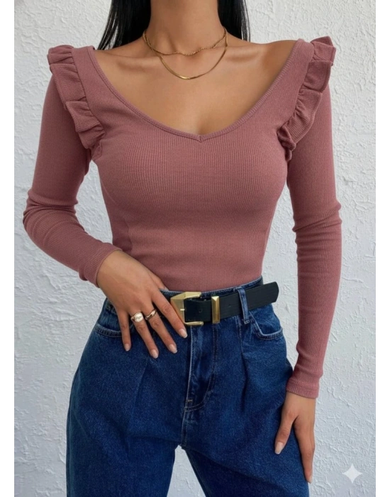 Kadın Omuz Fırfır Detay Uzun Kollu Bluz