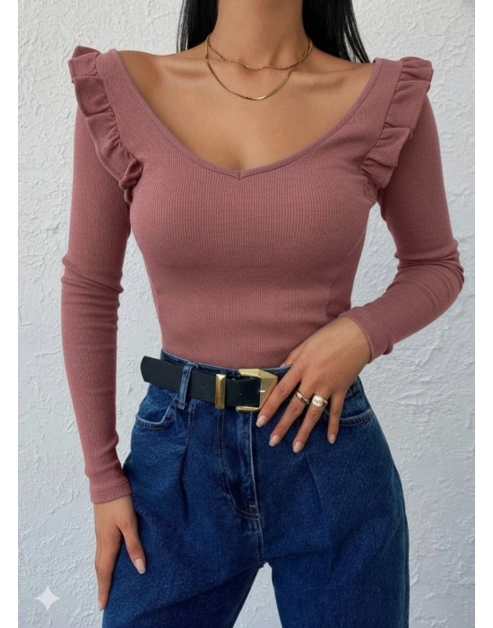 Kadın Omuz Fırfır Detay Uzun Kollu Bluz