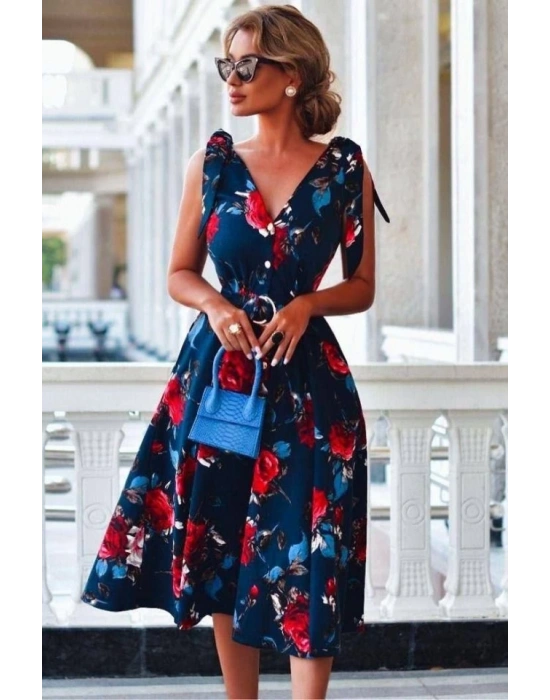 Kadın Omuz Kurdale Detay çiçek Baskılı Midi Elbise