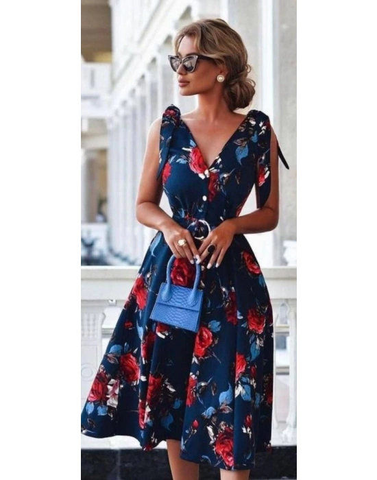 Kadın Omuz Kurdale Detay çiçek Baskılı Midi Elbise