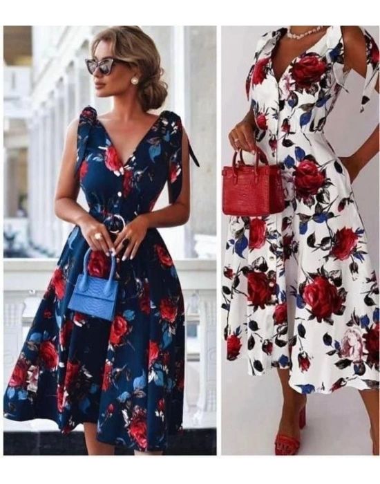 Kadın Omuz Kurdale Detay çiçek Baskılı Midi Elbise