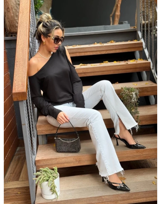 Kadın Omuzdan Açık Askılı Viskon Iki Iplik Bluz