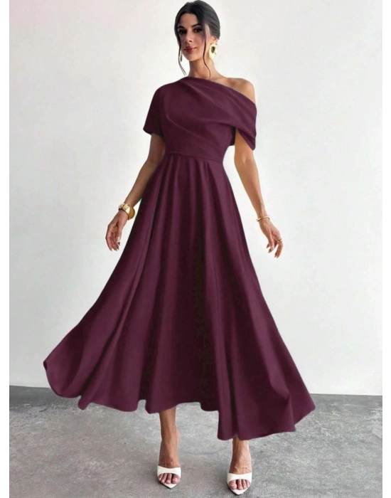 Kadın Omuzdan Açık Kısa Kollu Omuzdan Pileli Uzun Janjan Krep Elbise