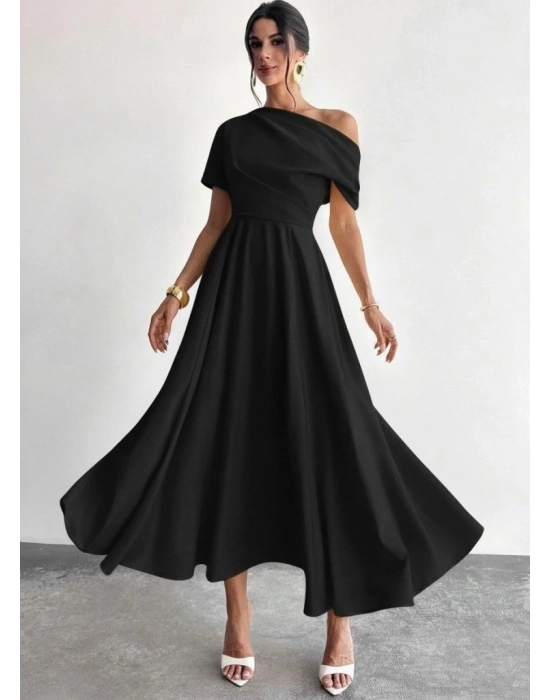 Kadın Omuzdan Açık Kısa Kollu Omuzdan Pileli Uzun Janjan Krep Elbise