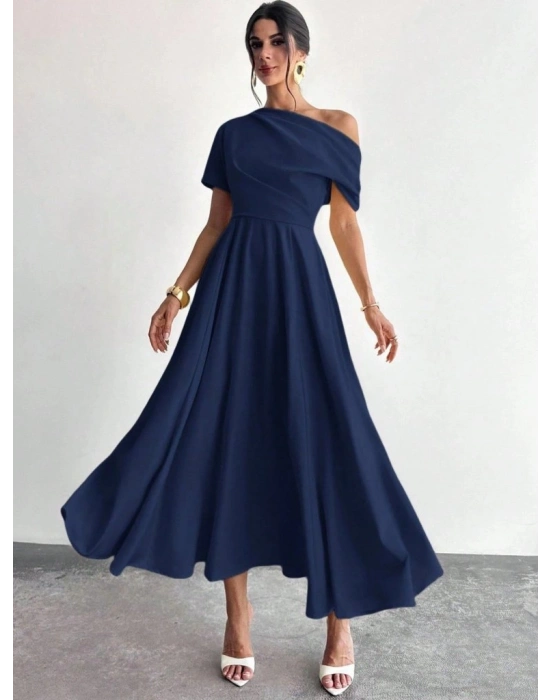 Kadın Omuzdan Açık Kısa Kollu Omuzdan Pileli Uzun Janjan Krep Elbise