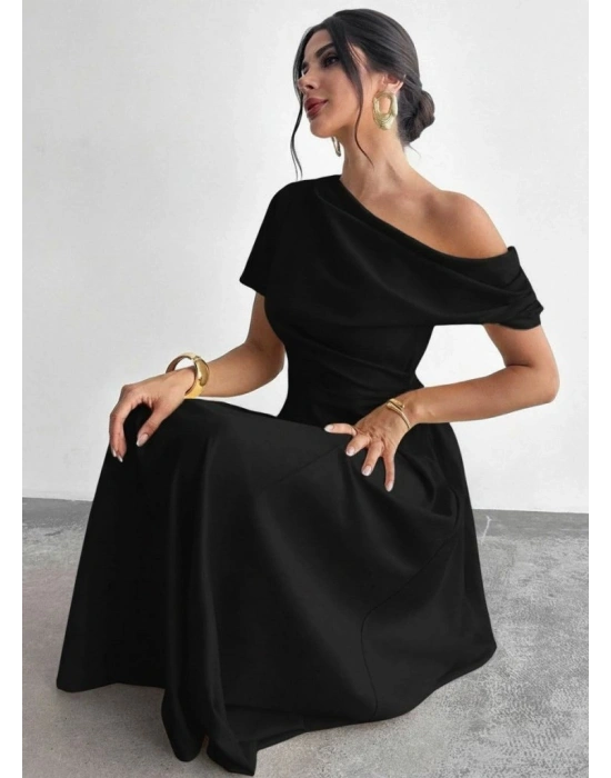 Kadın Omuzdan Açık Kısa Kollu Omuzdan Pileli Uzun Janjan Krep Elbise