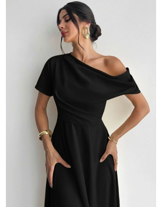 Kadın Omuzdan Açık Kısa Kollu Omuzdan Pileli Uzun Janjan Krep Elbise