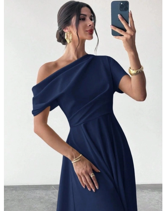 Kadın Omuzdan Açık Kısa Kollu Omuzdan Pileli Uzun Janjan Krep Elbise