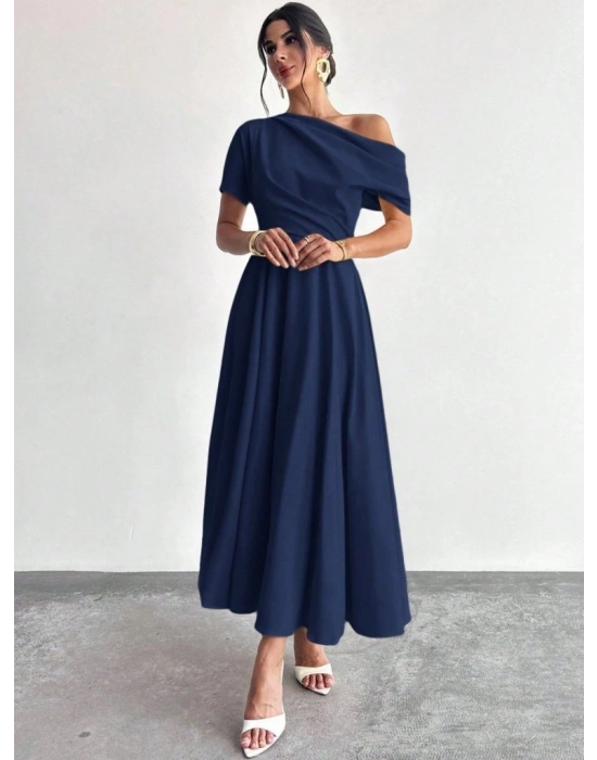 Kadın Omuzdan Açık Kısa Kollu Omuzdan Pileli Uzun Janjan Krep Elbise