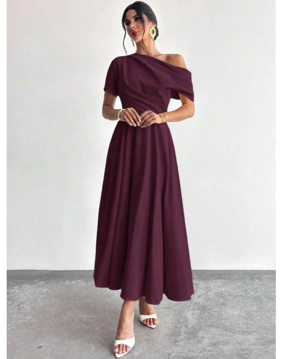 Kadın Omuzdan Açık Kısa Kollu Omuzdan Pileli Uzun Janjan Krep Elbise