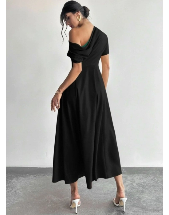 Kadın Omuzdan Açık Kısa Kollu Omuzdan Pileli Uzun Janjan Krep Elbise