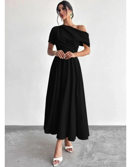 Kadın Omuzdan Açık Kısa Kollu Omuzdan Pileli Uzun Janjan Krep Elbise