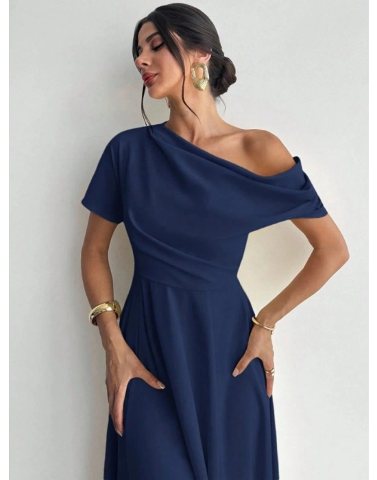 Kadın Omuzdan Açık Kısa Kollu Omuzdan Pileli Uzun Janjan Krep Elbise