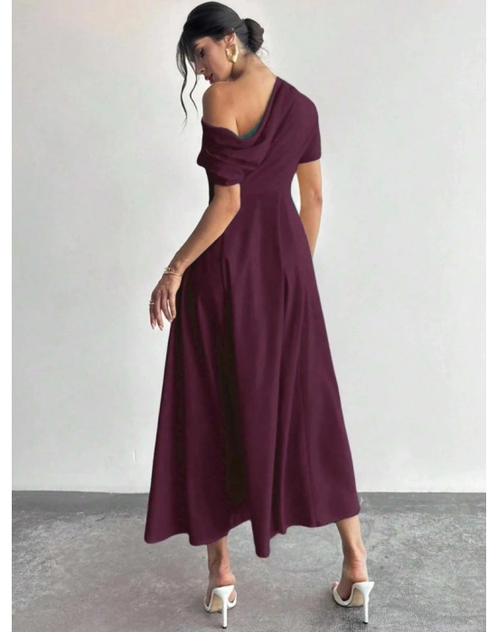 Kadın Omuzdan Açık Kısa Kollu Omuzdan Pileli Uzun Janjan Krep Elbise