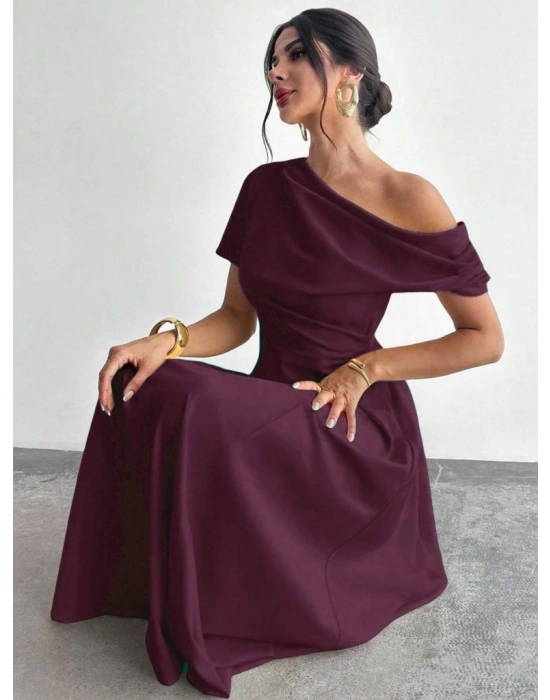 Kadın Omuzdan Açık Kısa Kollu Omuzdan Pileli Uzun Janjan Krep Elbise