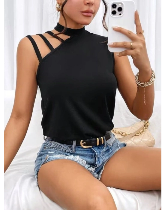 Kadın Omuzdan şerit Detaylı Yarı Balıkçı Yaka Viskon Bluz