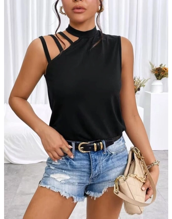 Kadın Omuzdan şerit Detaylı Yarı Balıkçı Yaka Viskon Bluz