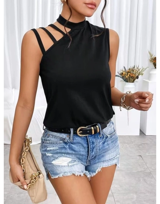 Kadın Omuzdan şerit Detaylı Yarı Balıkçı Yaka Viskon Bluz