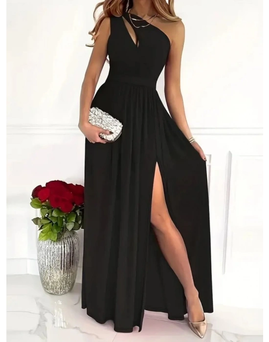 Kadın Omuzlardan Açık Asimetrik Yaka Detaylı Yırtmaçlı Maksi Boy Janjan Krep Elbise