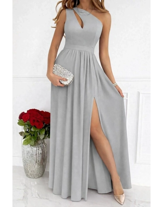 Kadın Omuzlardan Açık Asimetrik Yaka Detaylı Yırtmaçlı Maksi Boy Janjan Krep Elbise