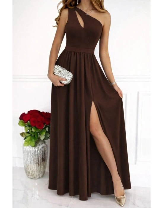 Kadın Omuzlardan Açık Asimetrik Yaka Detaylı Yırtmaçlı Maksi Boy Janjan Krep Elbise