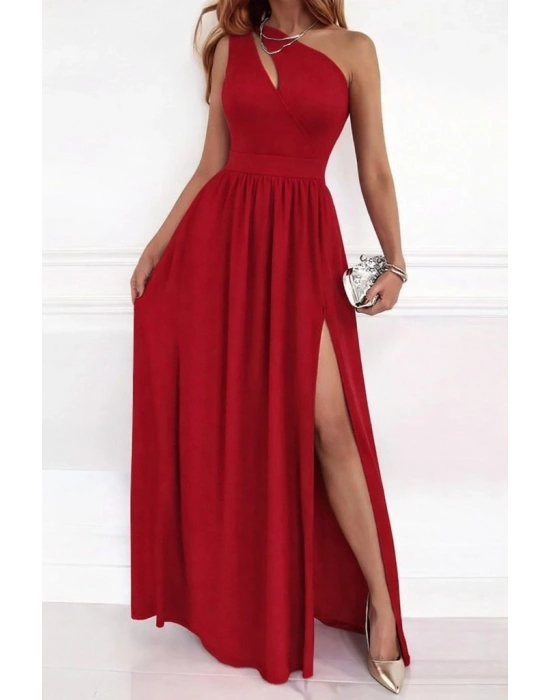 Kadın Omuzlardan Açık Asimetrik Yaka Detaylı Yırtmaçlı Maksi Boy Janjan Krep Elbise