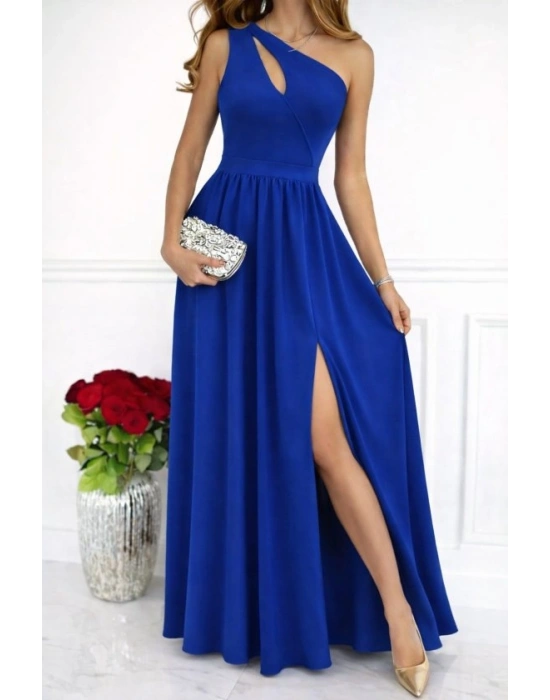 Kadın Omuzlardan Açık Asimetrik Yaka Detaylı Yırtmaçlı Maksi Boy Janjan Krep Elbise