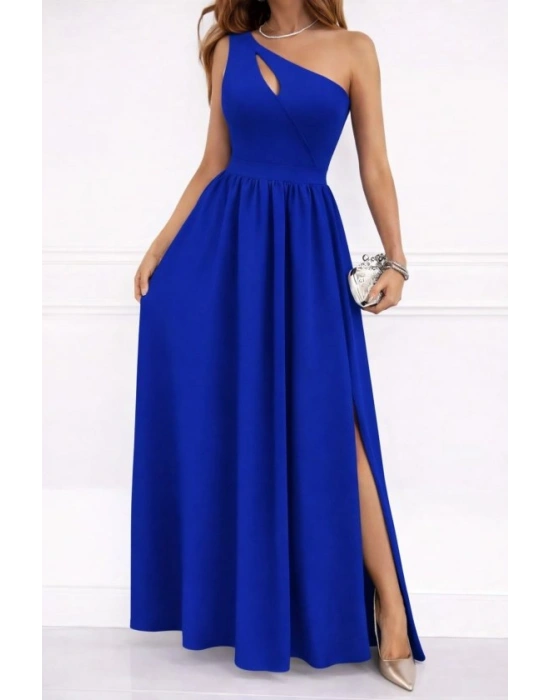 Kadın Omuzlardan Açık Asimetrik Yaka Detaylı Yırtmaçlı Maksi Boy Janjan Krep Elbise