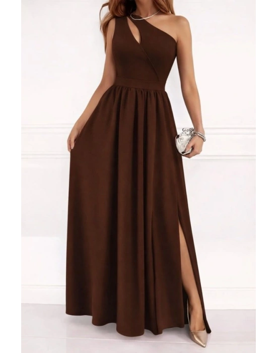 Kadın Omuzlardan Açık Asimetrik Yaka Detaylı Yırtmaçlı Maksi Boy Janjan Krep Elbise