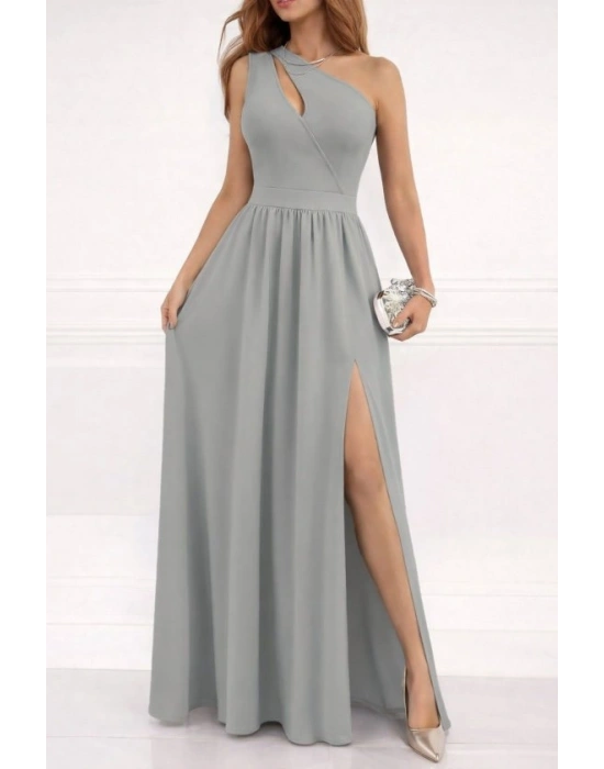 Kadın Omuzlardan Açık Asimetrik Yaka Detaylı Yırtmaçlı Maksi Boy Janjan Krep Elbise