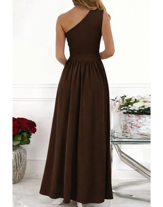 Kadın Omuzlardan Açık Asimetrik Yaka Detaylı Yırtmaçlı Maksi Boy Janjan Krep Elbise